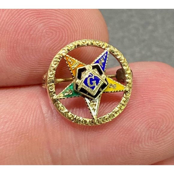 Eastern Star Patron Symbol Masonic 14k Lapel Pin Brooch Round Enamel 5/8 in - Picture 1 of 8